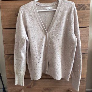 LOFT Tan Cardigan with Gold Stars Large Petite (LP)